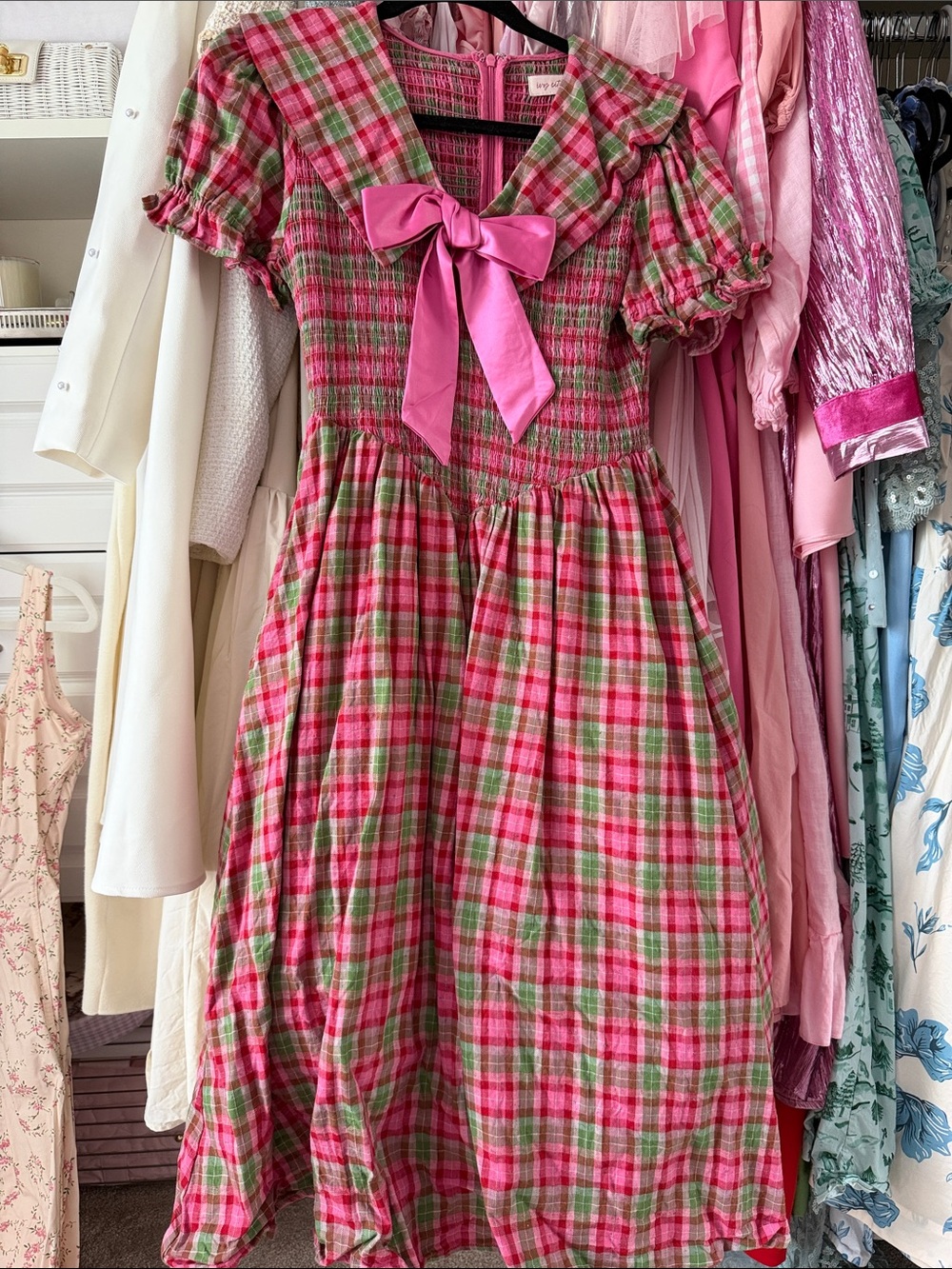 Ivy City Co Pink & Green Plaid Bow-Front Dress